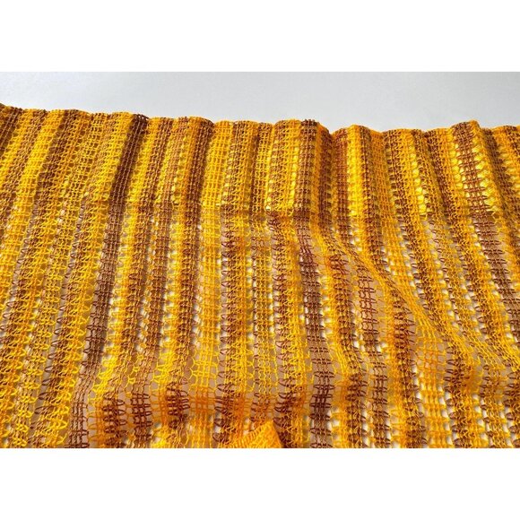 Vintage 70s pair pleated curtains, orange, yellow, tan stripes, mesh panels - Picture 6 of 9